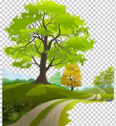 a green landscape with trees and a road in the foreground png clipart