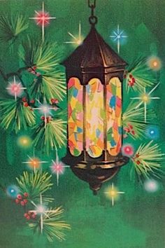 an old fashioned christmas card with a lit lantern hanging from it's center surrounded by pine cones and fireworks