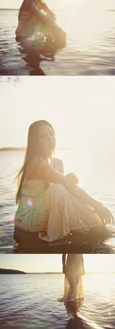 two pictures of a woman sitting in the water