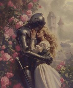 a painting of a man and woman dressed in knight armor hugging each other with roses behind them