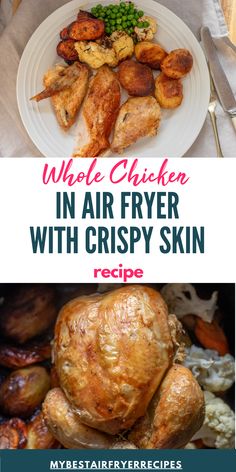 This Air Fryer whole roast chicken is full of flavor, crispy skin, and juicy meat. So easy to make with just a few ingredients and cooks in under an hour. Perfect for a quick weeknight dinner, small gathering, or relaxed Sunday lunch. Here’s a trick I like to do: I put carrots or swede underneath the chicken, so the juices can drip onto them and they become crispy on the outside and tender inside. While the chicken is resting I pop in some cauliflower, peas, or broccoli and within an hour I have a meal for the whole family! I usually buy a larger chicken than we need as there are so many ways to make use of the leftover meat. They are perfect for making a quick weeknight meal or a packed lunch. You can shred the leftovers and try one of many recipes such as White Chicken Enchiladas.