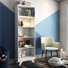 a white book shelf sitting in the corner of a room