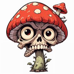 a cartoon mushroom with big eyes sitting on the ground