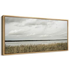 an empty field with water and clouds in the background framed canvas wall art print by person