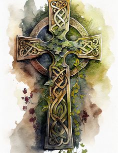 a painting of a celtic cross with vines and leaves on the side, painted in watercolor