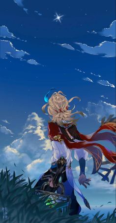 a woman with long blonde hair standing on top of a grass covered field under a blue sky