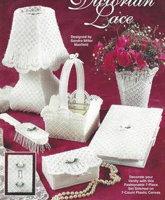 an advertisement for bead and crochet with flowers in baskets, vases, and other items