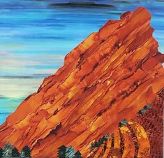 an acrylic painting of a mountain with trees on the side and blue sky in the background