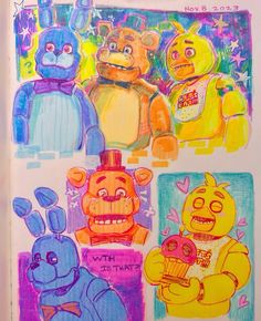 an open book with drawings of cartoon characters in different colors and sizes, including teddy bears