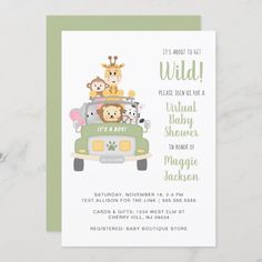 a baby shower card with animals riding in the back of a green car on it