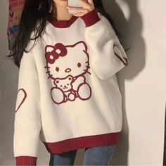 Fits S-L Super Comfy And Cute Hello Kitty Outfit, Kitty Clothes, Hello Kitty Clothes, Fluffy Sweater, Trendy Sweaters, Casual Tops For Women, Loose Sweater, Really Cute Outfits, Fall Fashion Outfits