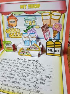 an open book with writing on it and pictures of food in the pages, including ice cream