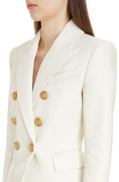 Golden lion-embossed buttons add signature embellishment to the front of a double-breasted leather blazer tailored with sharp shoulders and peaked lapels. 25" length (size 40) Double-breasted button closure Peaked lapels Five-button cuffs Chest welt pocket; front flap pockets Lined Leather Professional leather clean Imported Designer Clothing Sharp Shoulders, Leather Cleaning, Leather Blazer, Flap Pocket, Welt Pocket, Double Breasted, Designer Clothing, Lion, Nordstrom