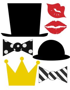 a set of different types of hats and bow ties on a white background with red lips