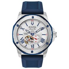 This men's Bulova Marine Star watch has a round silver-tone skeleton dial with a three-hand movement showcased in an open aperture in a 45.0mm stainless steel case. The 21-jewel automatic self-winding movement provides years of reliable service with eco-friendly operation and accurate time keeping.The blue rubber strap secures with a buckle clasp. It is water resistant to 200 meters and comes with a three-year limited warranty. We are an authorized Bulova dealer. Bulova Mens Watches, Star Watch, Bulova Watches, Skeleton Watches, Automatic Watches For Men, Skagen, G Shock, White Dial, Watch Collection