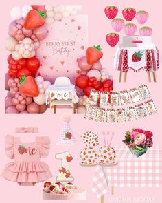 strawberry first birthday party with pink and white decorations, balloons, cake, table cloths, strawberries