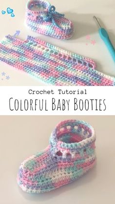 crochet baby booties with text that reads, crochet tutor colorful baby booties