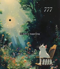 a white cat sitting on top of a wooden chair in front of a forest filled with flowers