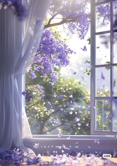 an open window with purple flowers on the outside