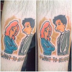 two pictures of people with tattoos on their arms, one has an image of them and the other says i want to believe