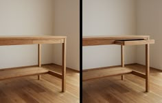 two photographs of a wooden table with one drawer open and the other closed, in front of a white wall