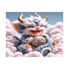 a blue and white animal with horns on it's head sitting in the clouds