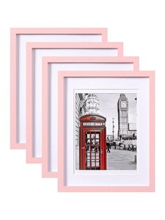 three pink frames with a red phone booth