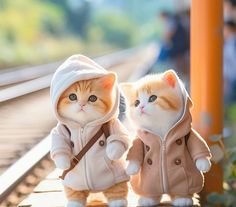 two kittens dressed in coats on a train platform