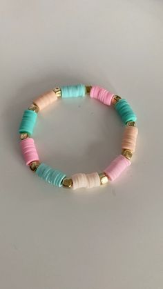 Peach Clay Bead Bracelet, Fancy Clay Bead Bracelets, Bracelet Ideas For Small Business, Pastel Clay Bead Bracelet, Boho Clay Bead Bracelets, Green Bracelet Ideas, Clay Beads Green, Bracelet Business