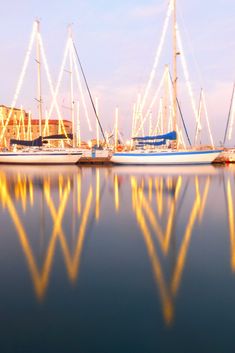 several sailboats are docked in the water with lights reflecting on it's surface