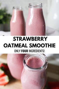 strawberry oatmeal smoothie in two glass jars with strawberries on the side