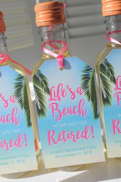 three bottle labels with palm trees on them for beach themed party favors or gifts,