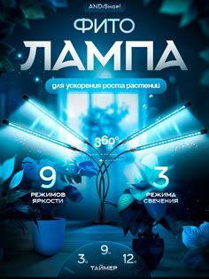 an advertisement with flowers and plants in the background, which are lit up at night