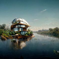 an unusual house is floating on the water