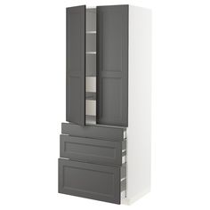 a tall cabinet with two doors on the front and one door open to reveal drawers