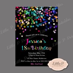 a birthday party with colorful confetti on the black background and white text that reads fiesta's 13th birthday