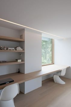 an empty room with two white chairs and a desk in front of a large window