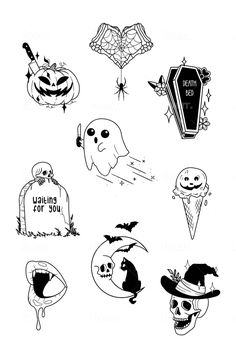 black and white halloween stickers with pumpkins, bats, ghost heads and more