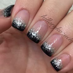 Black Tip Nails Glitter, Nail Ideas For Black Dress Classy, Nails For Black And Silver Dress, Dressy Black Nails, Black And Silver Nails Simple, Black And White Nails Wedding, Black And Silver Tip Nails, Mascarade Nails, New Year Nails Black And Silver