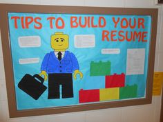 a bulletin board with a lego man on it that says tips to build your resume