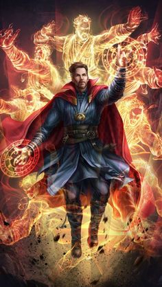 the doctor strange with his arms outstretched in front of fire and flames, as well as two