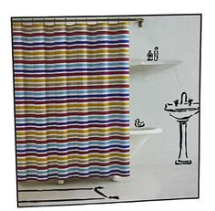 a bathroom with a shower curtain that has different colors and designs on it, along with a drawing of a sink