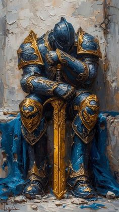 a painting of a blue and gold statue