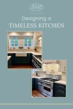 Two images of kitchens showing timeless design in cabinets, tile backsplash, sink and stove. Newberg Green, Tuxedo Cabinets, Handmade Tile Backsplash, Benjamin Moore Cloud White, Gold Cabinet Hardware, Green Tuxedo, Quartzite Countertops