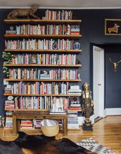 a bookshelf filled with lots of books next to a cat on the floor