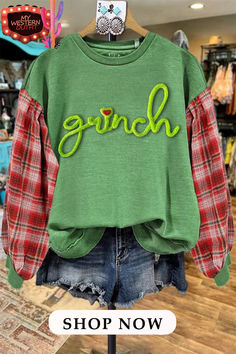 Shop Now!Get the hottest deals on trendy women's apparel! Massive discounts and a wide range of styles available. Hurry, limited stock! #womenfashion #tops #ootd #Christmas Vintage Grinch, Grinch Sweatshirt, Trendy Christmas Outfits, Upcycle Sweater, Shirt Refashion, Round Neck Top, Upcycled Clothing, Patchwork Fabric, Patched Jeans