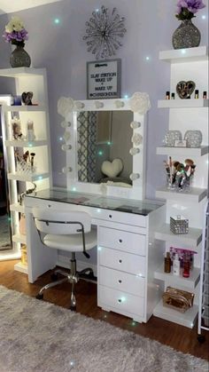 a white desk with a mirror and lights on it