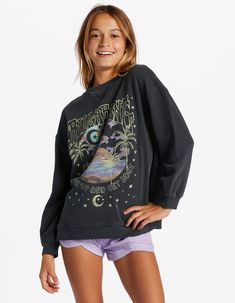 Billabong Making Waves Crewneck Sweatshirt. Peace, Love, And Swell. Dishing Up Groovy Vibes And Laid Back Lines, The Girls' Making Waves Crewneck Sweatshirt Is Your Go-To Layer For Everything From Sunsets And Surf Checks. This Pullover For Girls From Our Under The Palms Collection Is Made With Heavyweight Cotton In A Relaxed Fit Perfect For Year-Round Wear. Large Graphic Screened On Front. Ribbed Crewneck. Cuffed Long Sleeves And Hem. 80% Cotton, 20% Polyester. Machine Wash. Imported. | Billabon Groovy Vibes, Billabong Girls, The Palms, Making Waves, Shorts With Tights, Girl Sweatshirts, Hoodie Girl, Tie Dyed, Peace Love