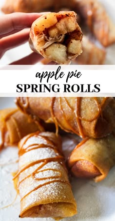 apple pie spring rolls on a plate with powdered sugar