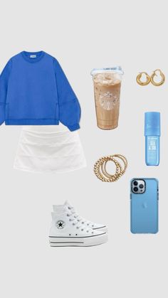 the contents of a woman's outfit including an iphone, coffee cup and other items